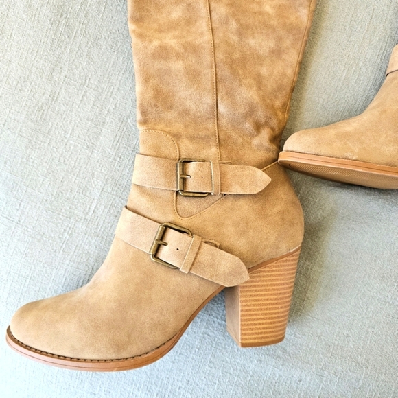 JustFab Ramonia Heeled Boot 9.5W Taupe Camel 3.5" Heel Zip Knee Winter Excellent - Picture 6 of 11